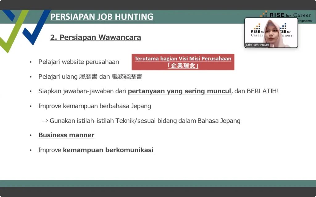 Pemaparan materi strategi sukses jadi engineer di Jepang|Sesi foto peserta webinar kerja di Jepang